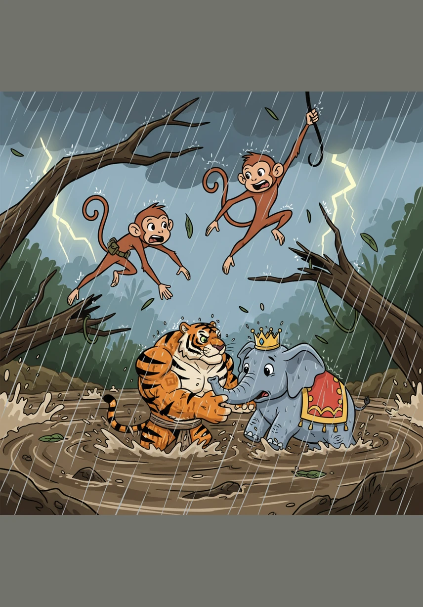 The wind howled with fury, snapping ancient branches and causing the river to burst its banks in a rushing torrent. Rain lashed down in heavy sheets, turning the vibrant forest floor into a chaotic swirl of mud and falling debris.