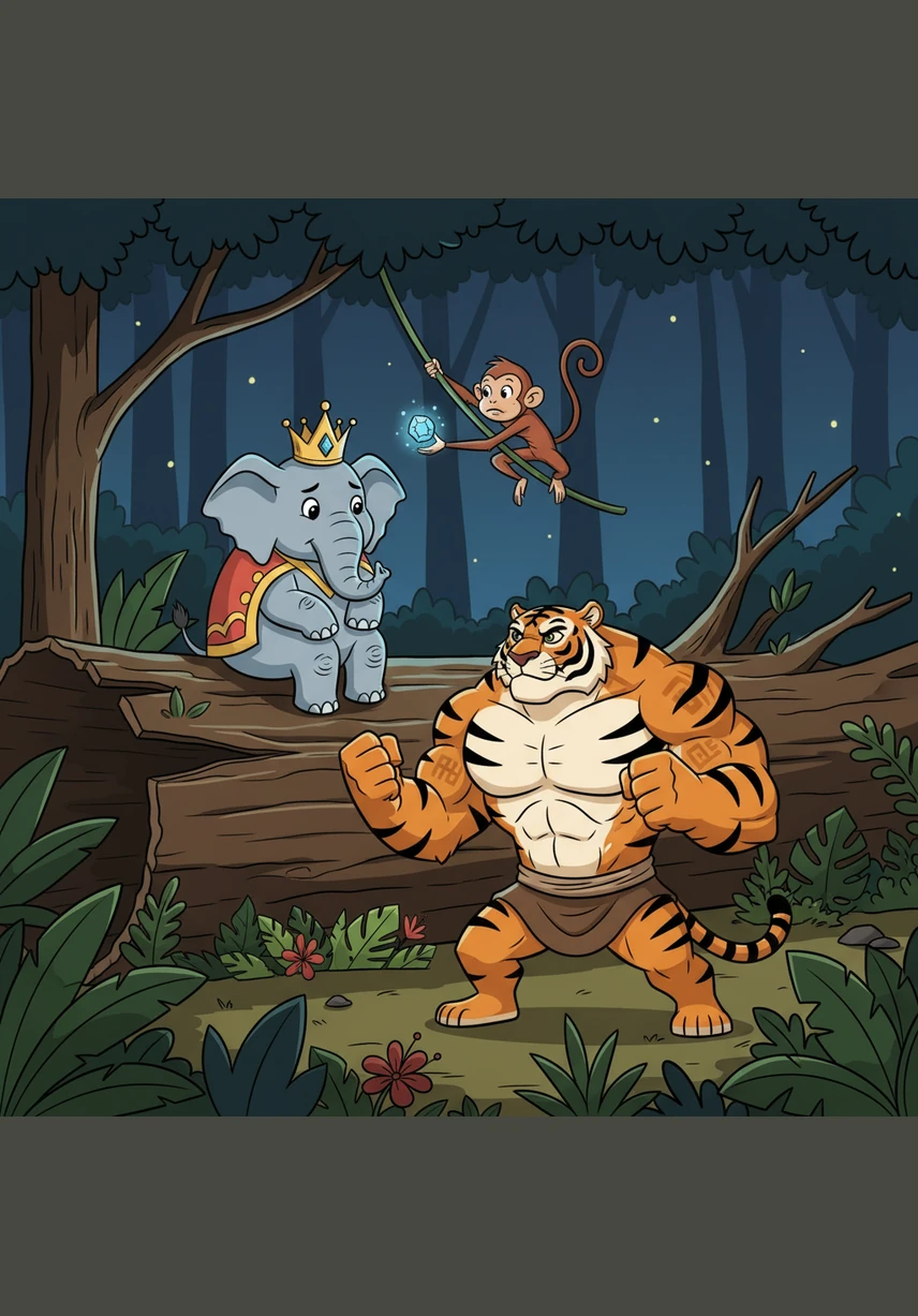 High atop a fallen trunk, a brave monkey named Milo and his friend Pip shouted above the wind for everyone to stop running. They urged their neighbors to quit fighting and realize that only by staying calm and helping one another could they hope to survive the night.