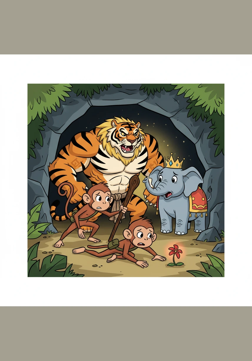 Led by Milo, the bedraggled group reached the mouth of a deep, dark cave belonging to a powerful tiger. To their surprise, the tiger stepped forward not with a growl, but with a gentle nod, inviting all the shivering animals to seek shelter inside his dry home.