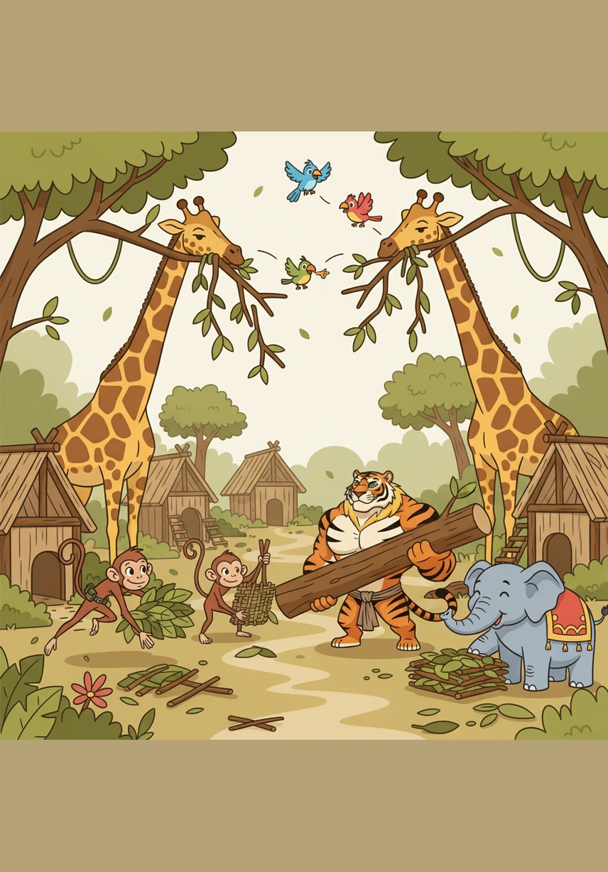 The giraffes reached high to remove tangled branches, and the birds chirped guidance from the sky to help those working on the ground. Milo and the other monkeys gathered soft leaves and sticks, working tirelessly alongside their friends to rebuild every home.