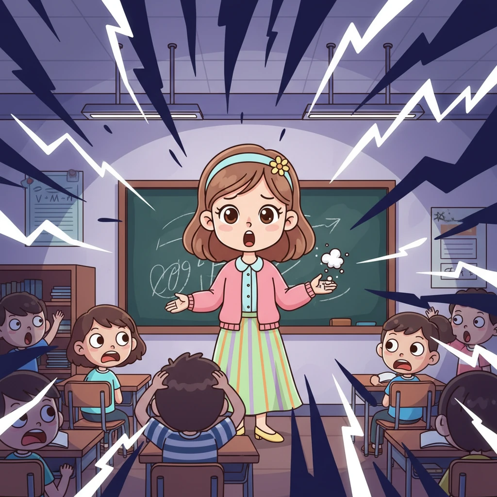 Suddenly, with a tiny 'snap!', the chalk in Ms. Lan's hand crumbled into dust, startling her. Before anyone could react, the classroom lights began to flicker wildly, plunging the room into chaotic flashes of light and shadow, making the students gasp in surprise.