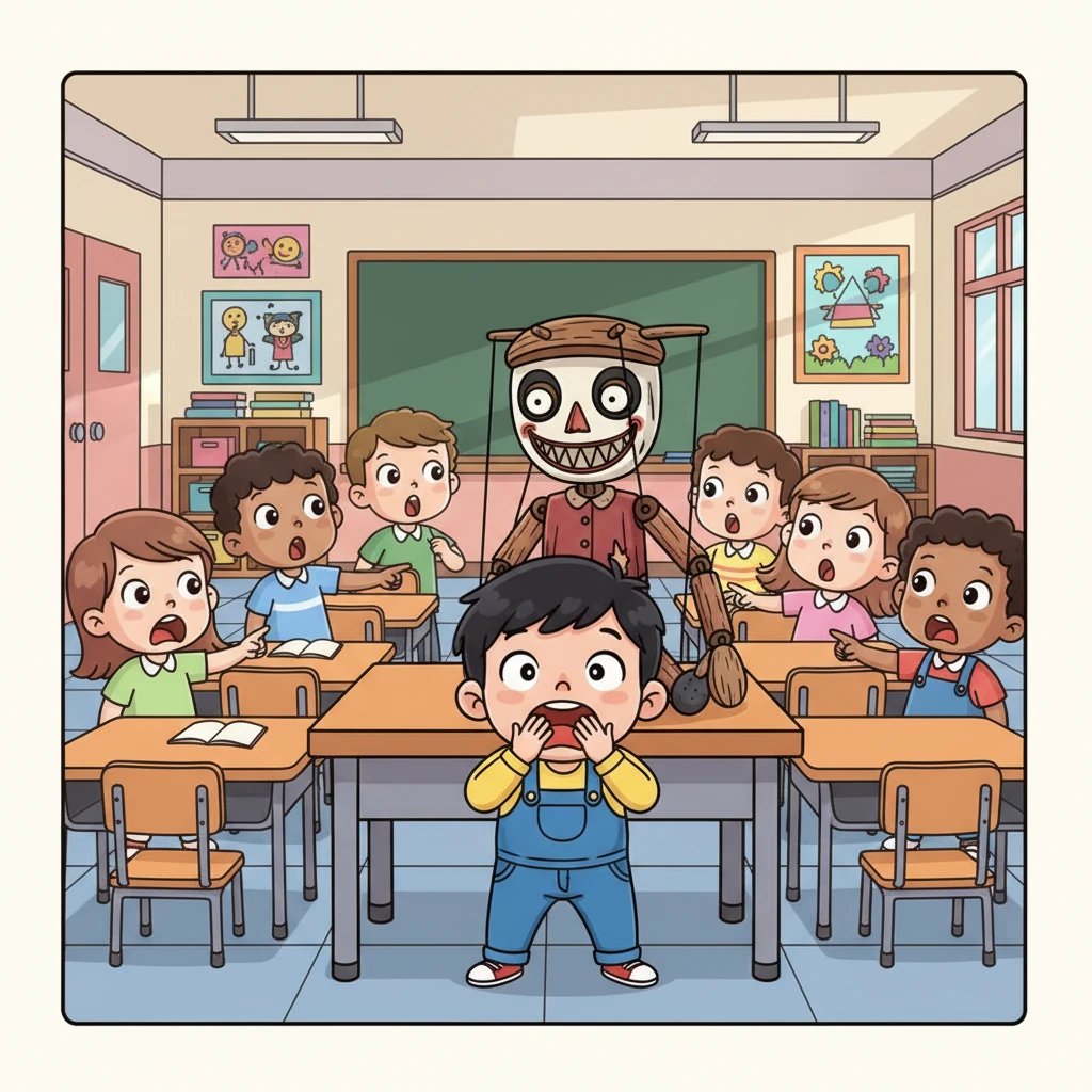 When the lights finally steadied, a collective gasp filled the air. Ms. Lan was gone! In her place, perched ominously on the teacher's desk, sat an old, wooden puppet. Its face was painted a ghostly white, and its carved smile was twisted into a chilling, permanent grin.