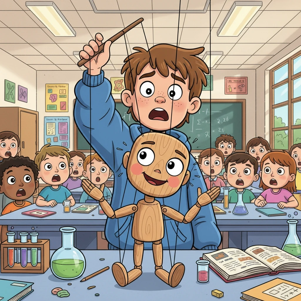 The puppet's head slowly, eerily, began to turn, its wooden joints emitting dry, creaking 'crack... crack...' sounds that echoed in the suddenly silent room. Though its painted mouth remained shut, a high-pitched, reedy voice filled every corner: "Hello, brilliant minds!"