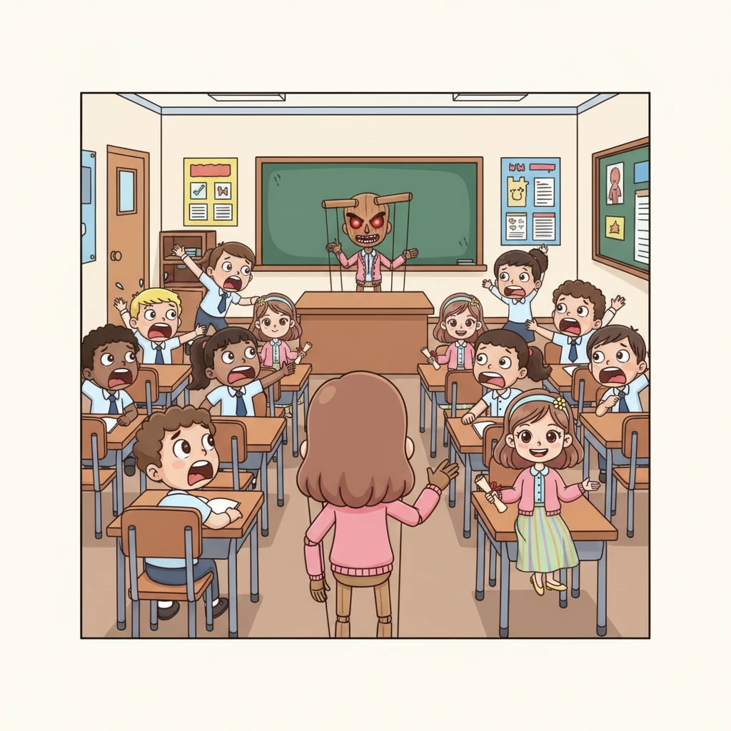 The puppet continued, its voice chillingly calm, "Your beloved teacher is in a very... cramped place. Want to see Ms. Lan again? Easy. I've planted my 'friends' right here in this classroom. They're sitting right next to you, looking just like you." The class erupted into a cacophony of screams and panicked whispers.