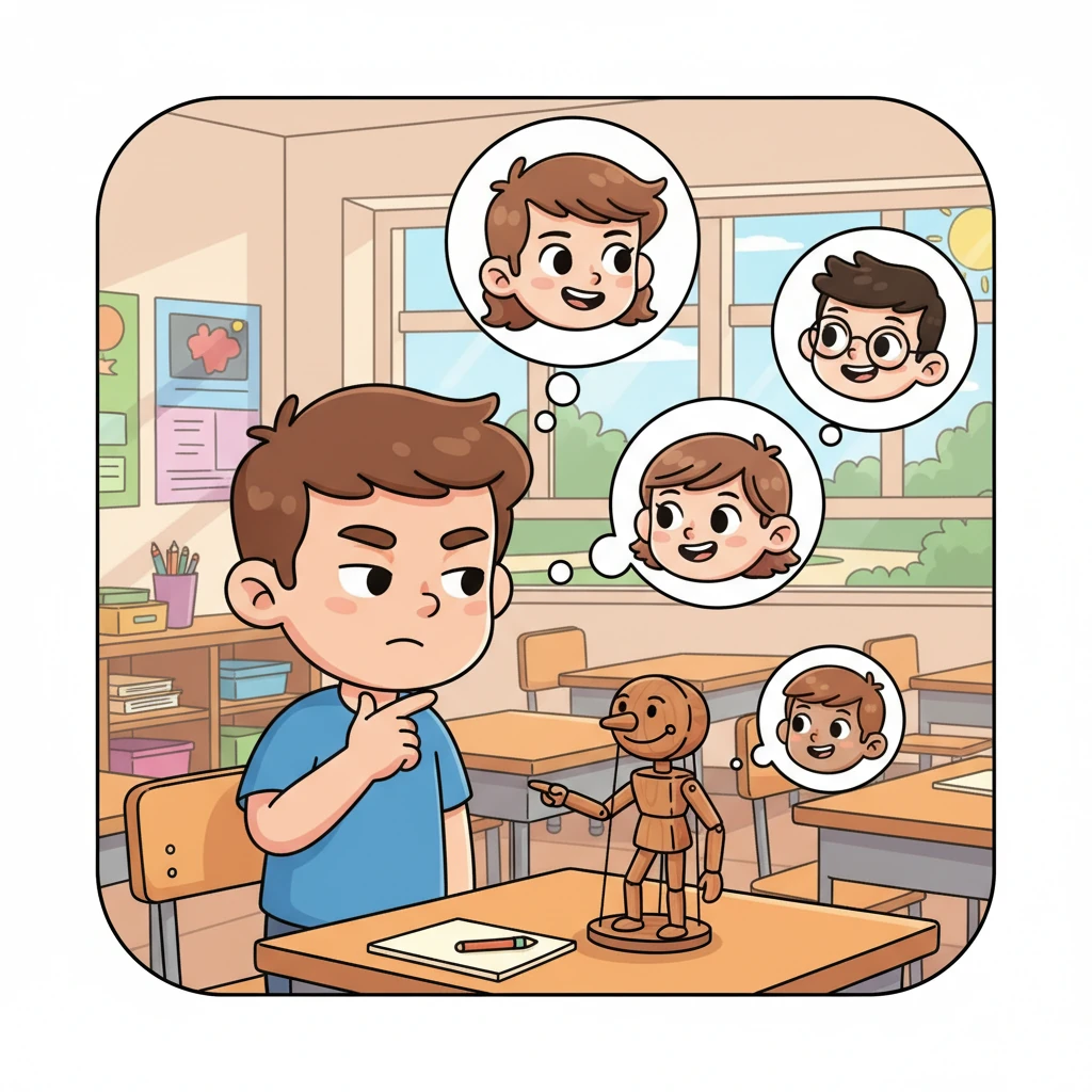 "The second," the puppet continued, "has a bright, sharp face with a strong personality, seemingly unapproachable at first glance but actually very friendly." Leo narrowed his eyes, picturing the different personalities in their diverse class, each one now a potential suspect.