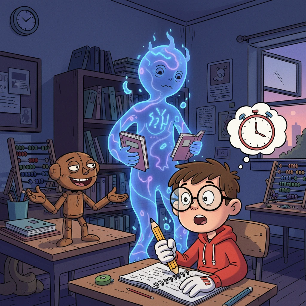 "And the third," the puppet concluded with a dry chuckle, "is 'here and there,' possessing silent movement and holding all important class information. They often appear in dark corners or suddenly behind others." Leo gripped his pencil, realizing the game was real, and the clock was already ticking.