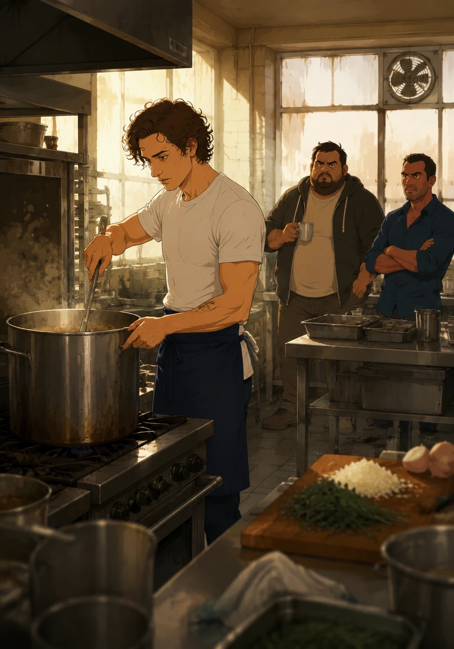 The morning light filters through the grease-stained windows of the Original Beef, illuminating dust motes dancing over the stainless steel. Carmy stands alone at the stove, the only sound the rhythmic bubbling of a massive stockpot and the steady chop of his knife.