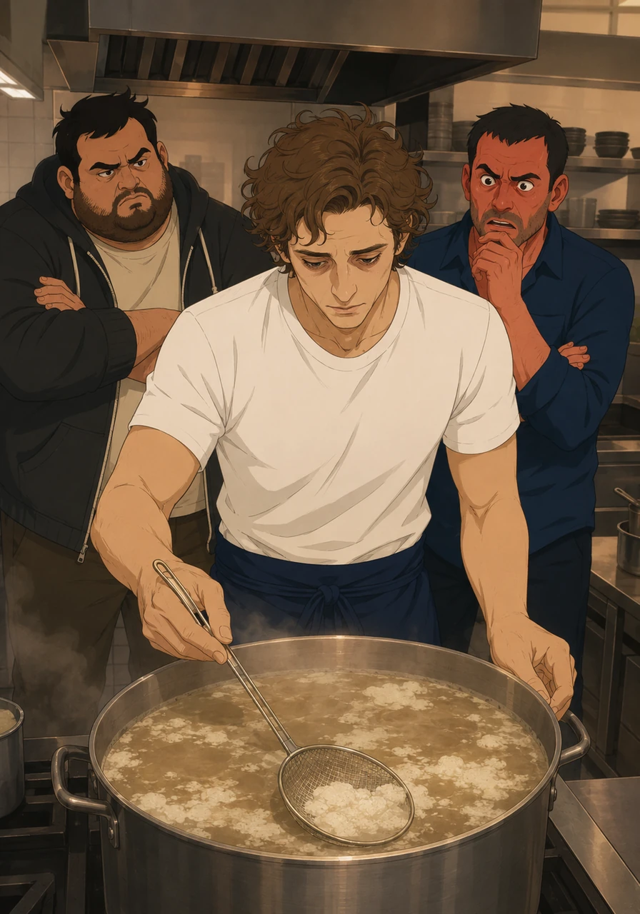His eyes are tired, rimmed with the weight of a dozen sleepless nights and the pressure of a legacy he’s struggling to save. He carefully skims the foam from the surface of the simmering liquid, his movements precise and mechanical despite the frustration simmering beneath his skin.