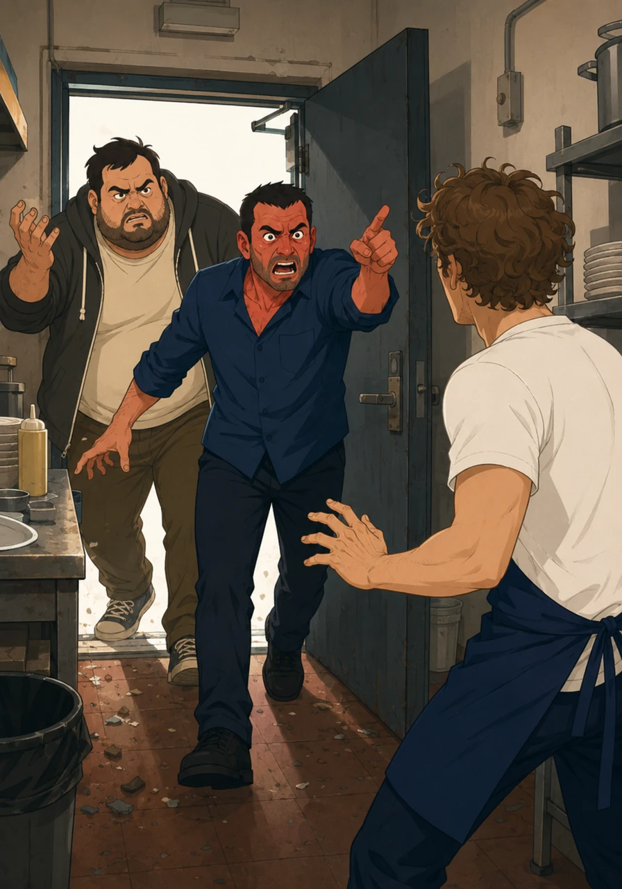 Suddenly, the heavy back door swings open with a violent bang, cutting through the kitchen's fragile peace. Richie and Fak stumble inside, their voices already raised in a chaotic symphony of insults and wild hand gestures that fill the cramped hallway.
