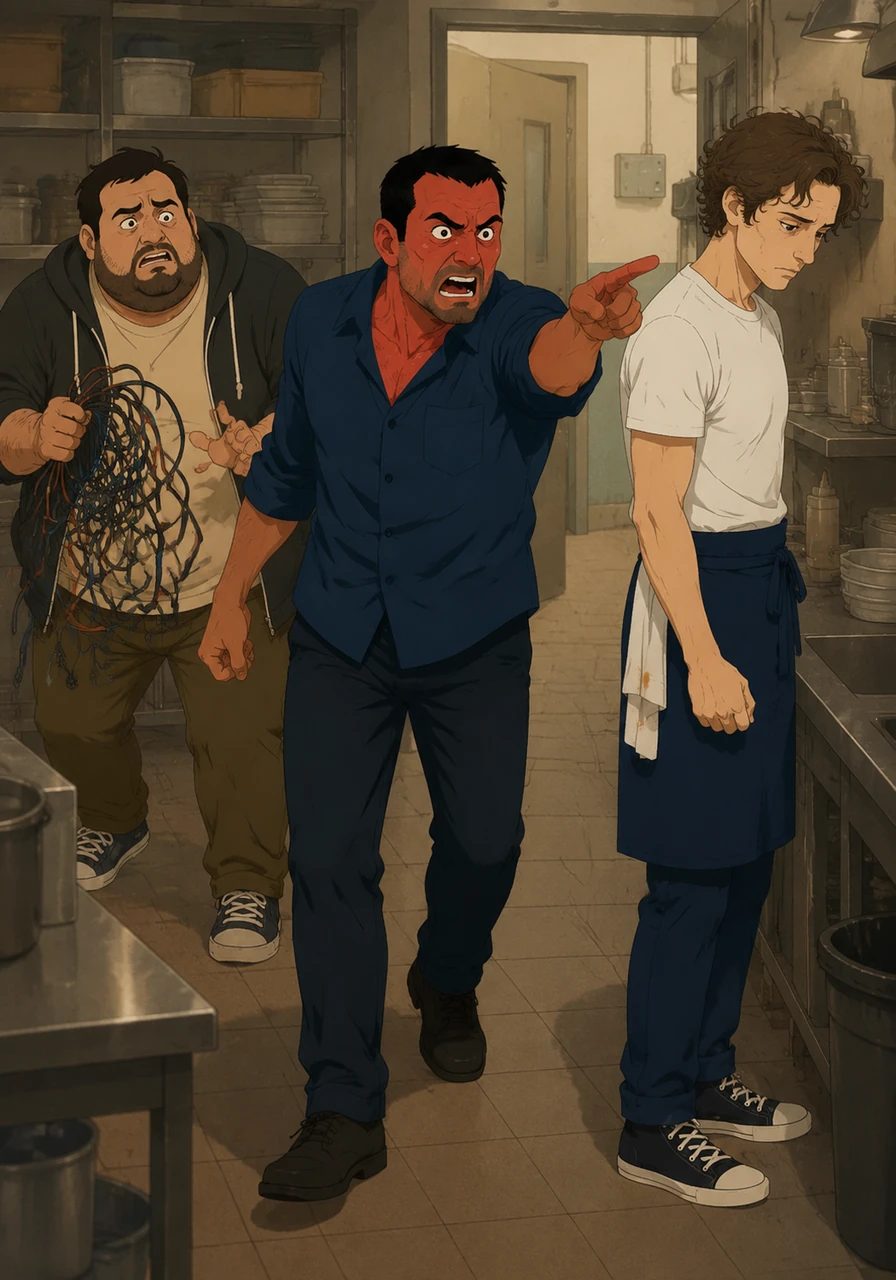 Richie is mid-sentence, his face flushed with a mix of caffeine and stubbornness as he points a jagged finger at Fak. Fak trails behind him, looking exasperated and holding a tangled mess of wires, trying to defend himself against Richie’s relentless verbal assault.