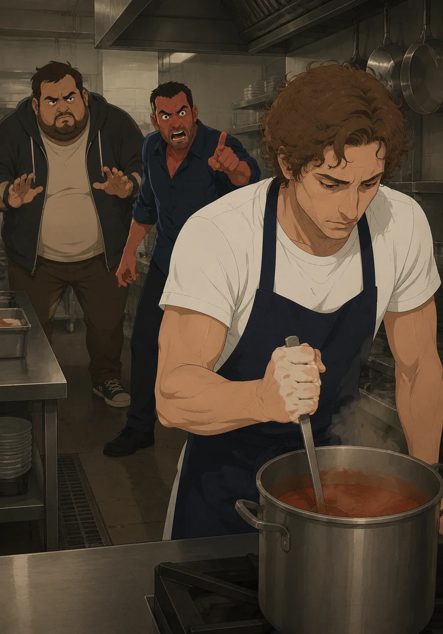 Carmy doesn't even turn around, his focus remains locked on the pot, but his grip on the ladle tightens until his knuckles turn white. The air in the kitchen shifts, growing heavy with the familiar, suffocating tension of being understaffed and behind schedule.