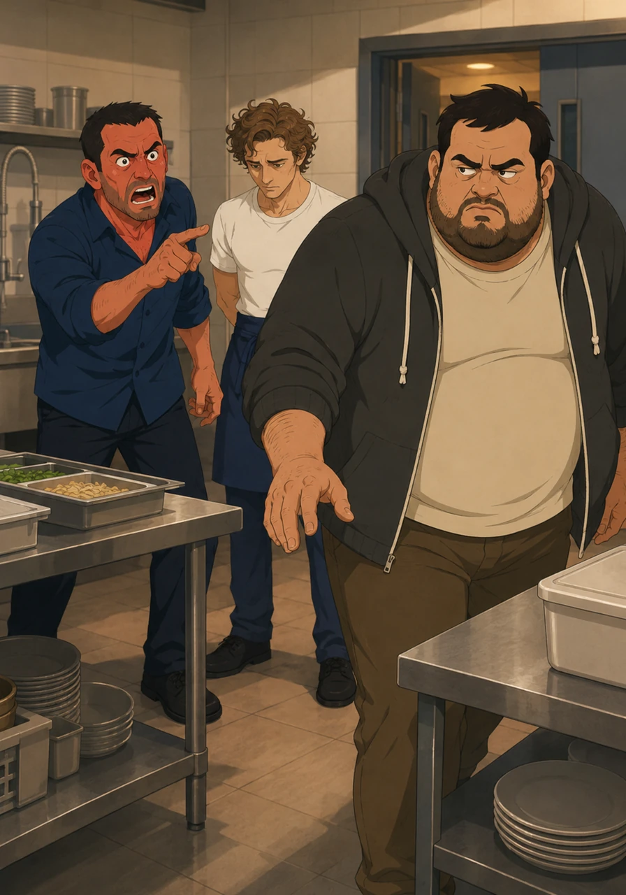 Richie doesn't even blink, ignoring the question entirely as he rounds the corner of the prep table, still focused on his argument with Fak. He’s in his own world, fueled by a grievance that clearly started long before they reached the restaurant's doorstep.