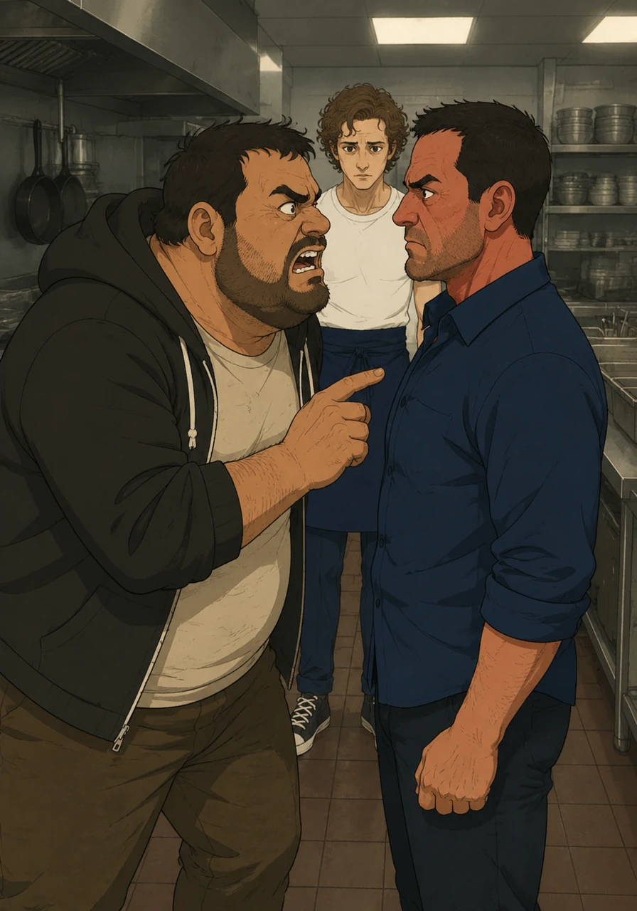 Richie’s voice booms through the kitchen, declaring that he doesn't care if Fak's relative is the messiah himself. He sneers, leaning into Fak’s space to emphasize that anyone related to Fak isn't going to be worth a thing in this professional kitchen.