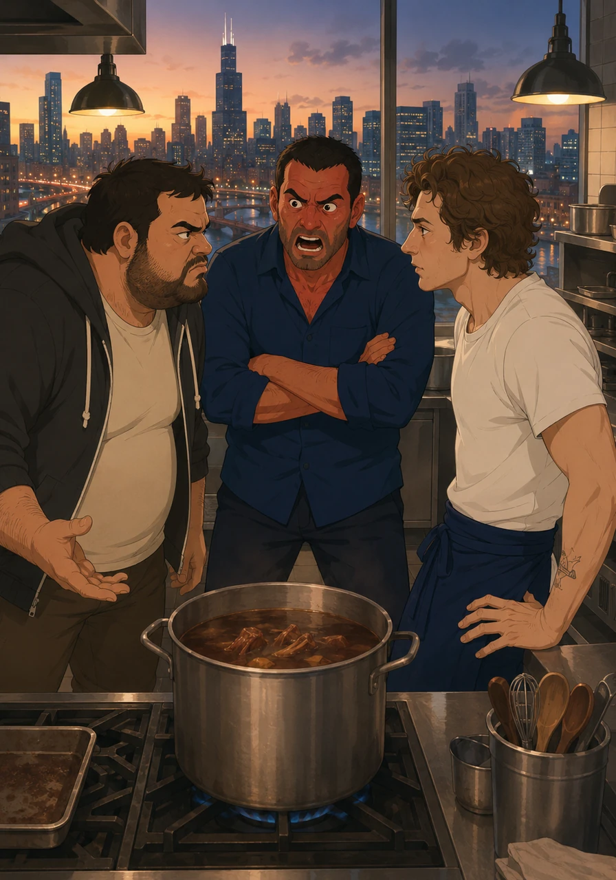 The three men stand in the heart of the kitchen, a triangle of conflicting energy and shared history. Outside, the city of Chicago hums to life, oblivious to the high-stakes drama unfolding over a pot of beef stock and a family feud.