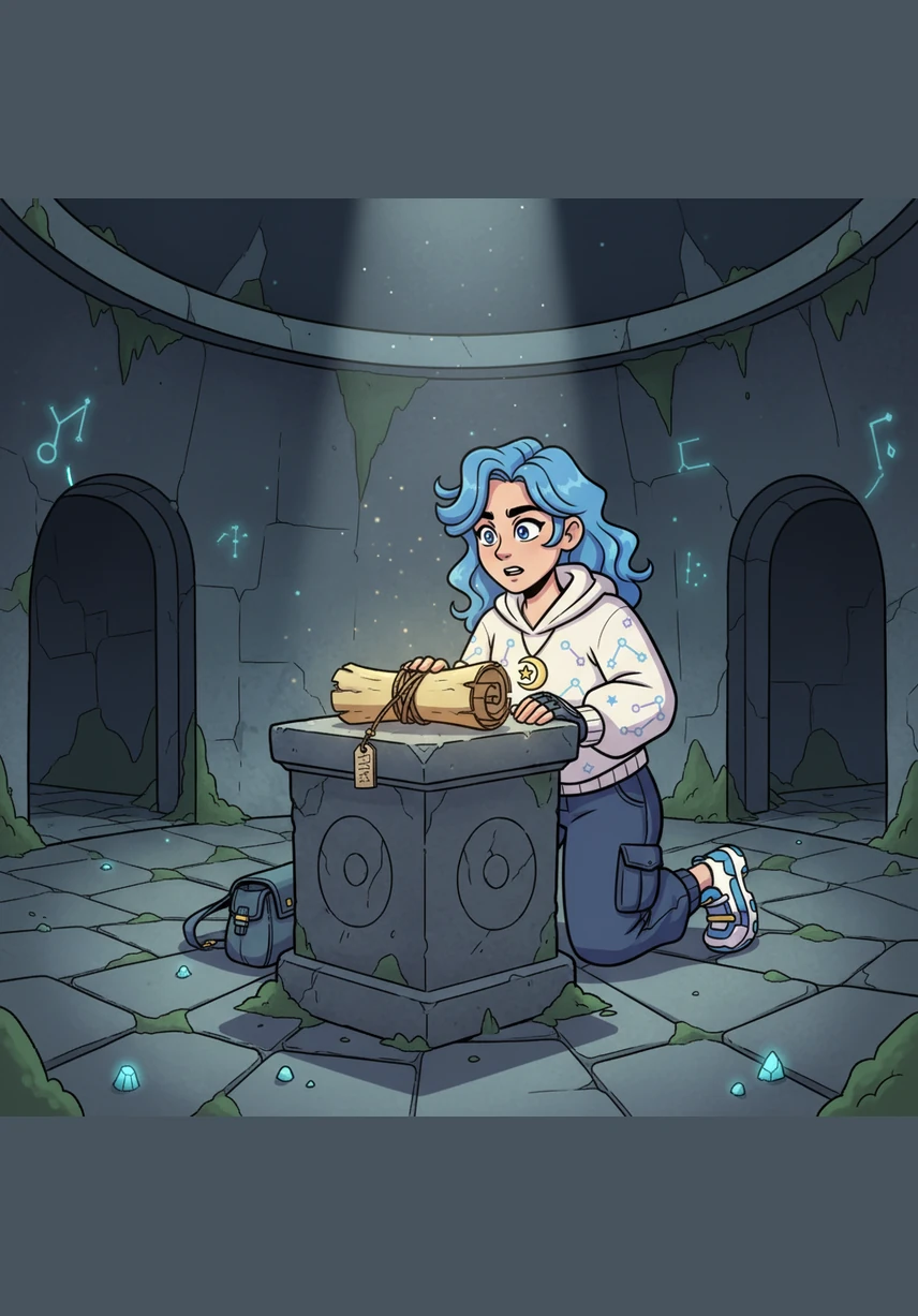 Lyra discovers an ancient, weathered scroll resting on a stone pedestal, its surface a pristine beige parchment. As she touches the edge, a single black line begins to dance across the center, forming a delicate circular boundary.