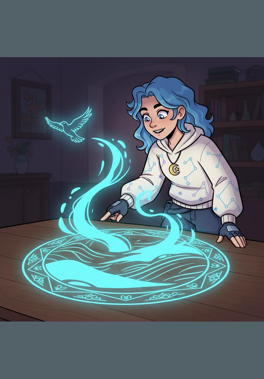 The ink flows with a life of its own, sketching a minimalist landscape of rolling hills and a solitary bird in flight within the circle. Lyra watches in awe as the simple strokes capture the essence of a vast world, inviting her into its quiet beauty.