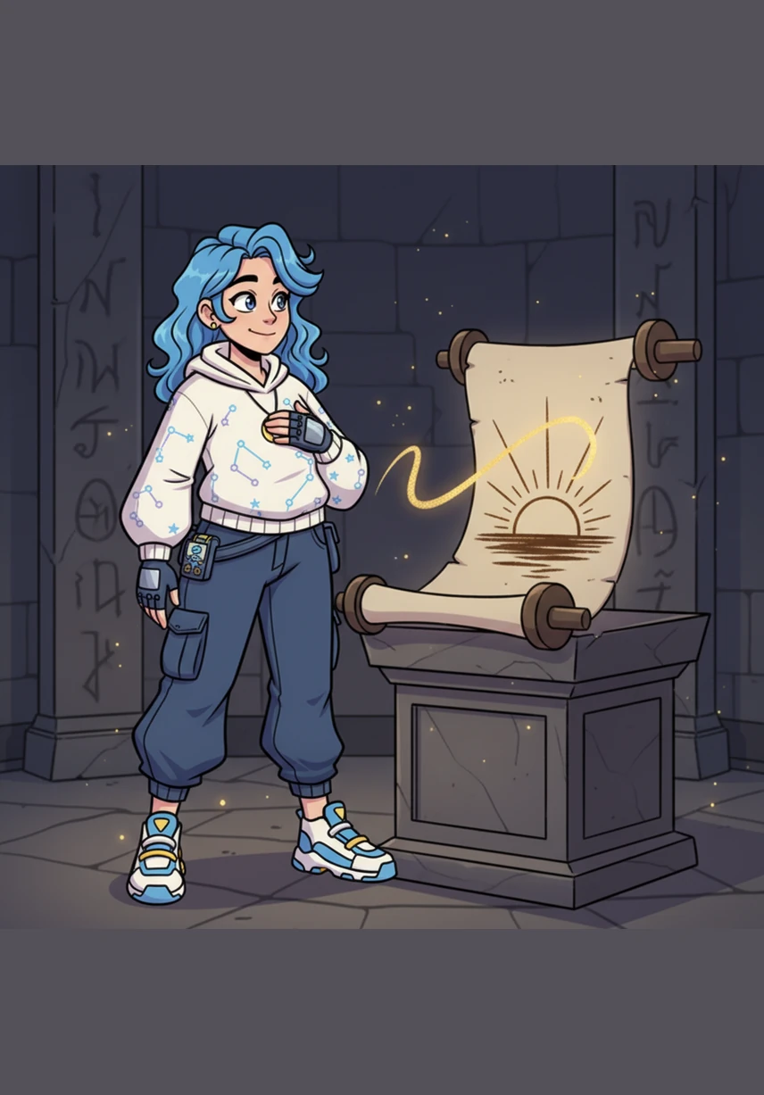 The scroll completes its masterpiece, leaving a final, elegant stroke that represents a rising sun over a calm horizon. Lyra realizes that the most powerful stories are often told with the fewest lines, finding peace in the scroll's silent, artistic wisdom.