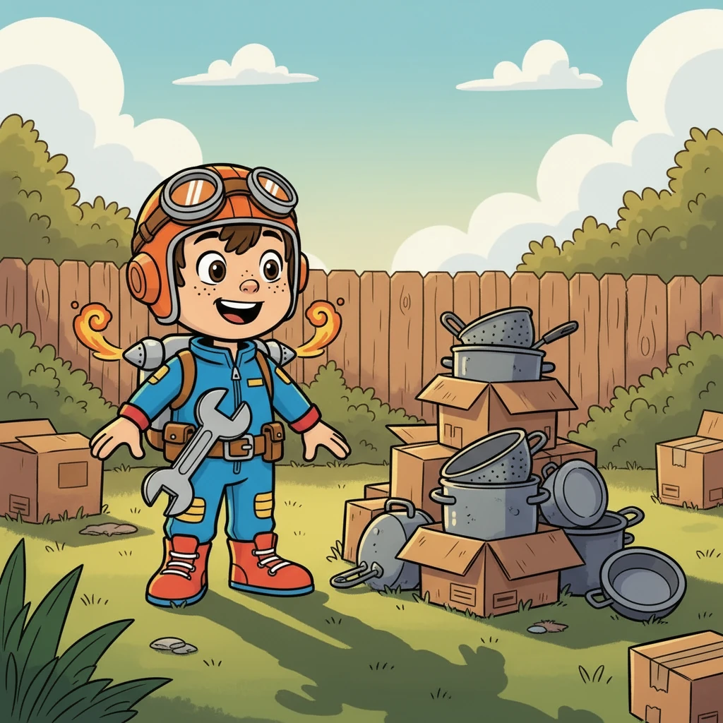 Miguel, um menino curioso e cheio de imaginação, olhava para um monte de caixas de papelão e panelas velhas no quintal. Seus olhos brilhavam, pois ele via algo muito além de simples objetos. Ele imaginava uma nave espacial pronta para explorar o universo.