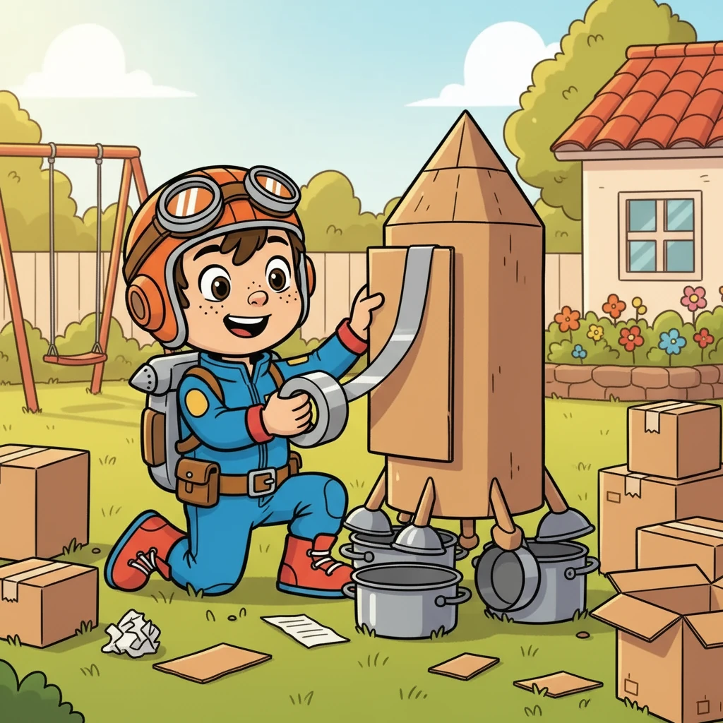 Com entusiasmo, Miguel começou a transformar as caixas em uma estrutura espacial. Ele usou fita adesiva para unir as peças, criando uma base sólida para sua nave. As panelas viraram os propulsores, brilhando sob o sol da tarde.