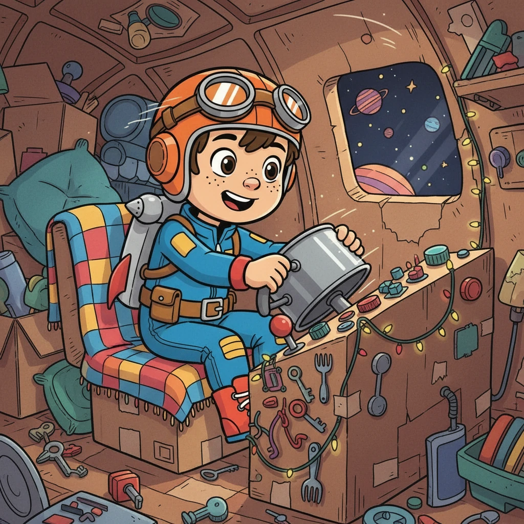 Dentro da nave improvisada, Miguel se sentou no que seria a cadeira do piloto. Ele apertou botões imaginários e girou um volante feito de uma panela. A emoção tomava conta dele, pronto para a decolagem.