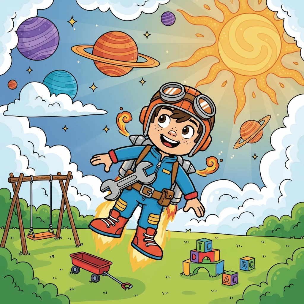 A nave de Miguel decolou! Ele flutuava pelo quintal, com a ajuda da sua imaginação. Ele via as nuvens como planetas distantes e o sol como uma estrela gigante, guiando sua jornada.