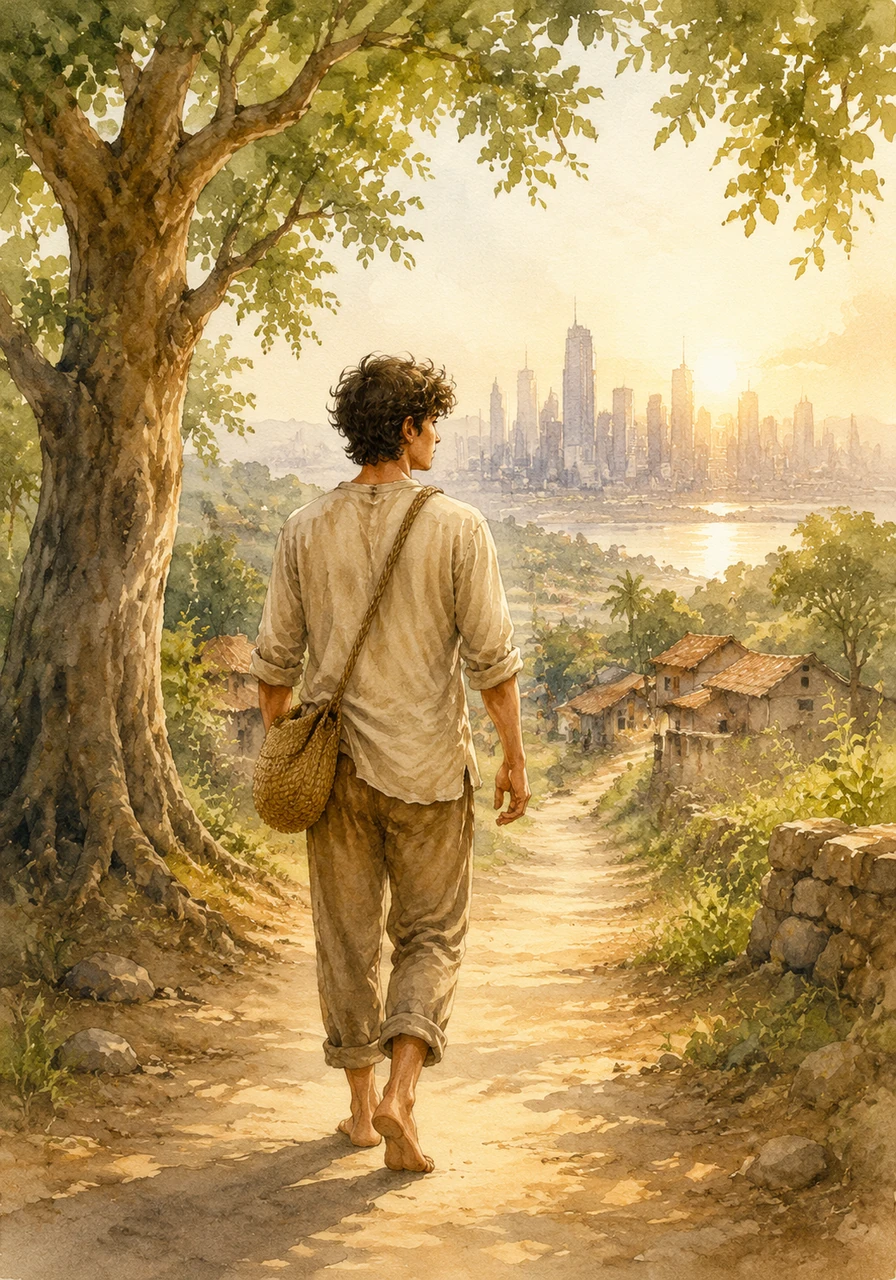 Kavi leaves his vibrant, sun-drenched village, carrying only a small woven bag and a heart full of curiosity. The ancient trees seem to whisper a gentle goodbye as he heads toward the shimmering horizon where the great steel city looms in the distance.