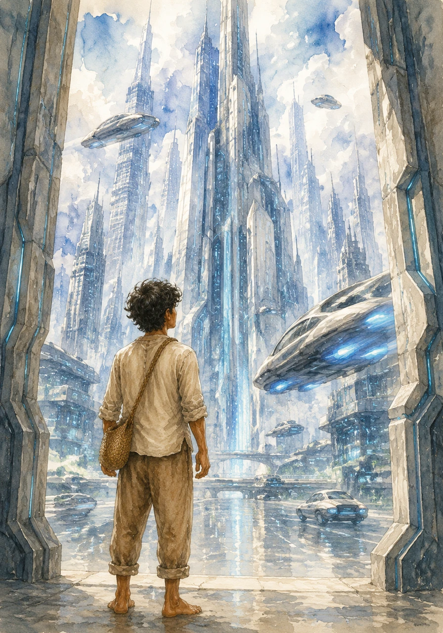 He stands at the entrance of Neo-Metropolis, dwarfed by towering skyscrapers made of polished chrome and glowing blue circuits. Hover-cars zip past him in a silent, neon blur, and the sheer scale of the machines makes his breath catch in his chest.
