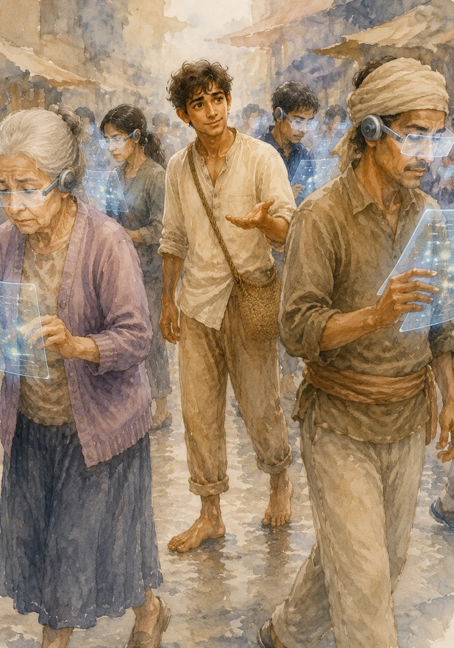 Kavi tries to ask for directions with a polite smile, but everyone he encounters is wearing sleek headsets and staring at holographic screens floating before their eyes. They walk past him like digital ghosts, trapped in their own private worlds of data and light.