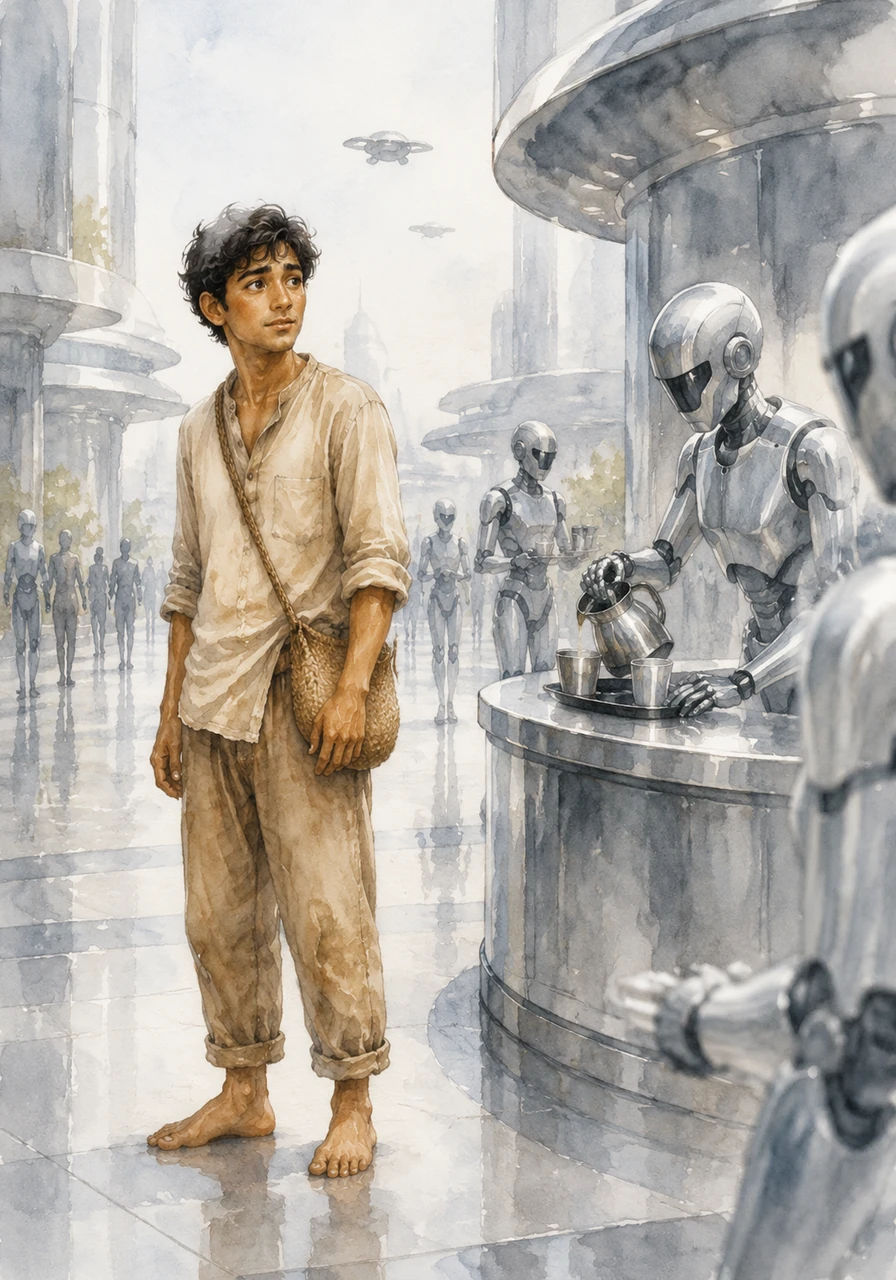 He wanders into a sterile plaza where silver robots serve synthetic coffee with mechanical, cold precision. The air smells of ozone and metal, lacking the familiar, comforting scent of rain and damp earth that defined his home.
