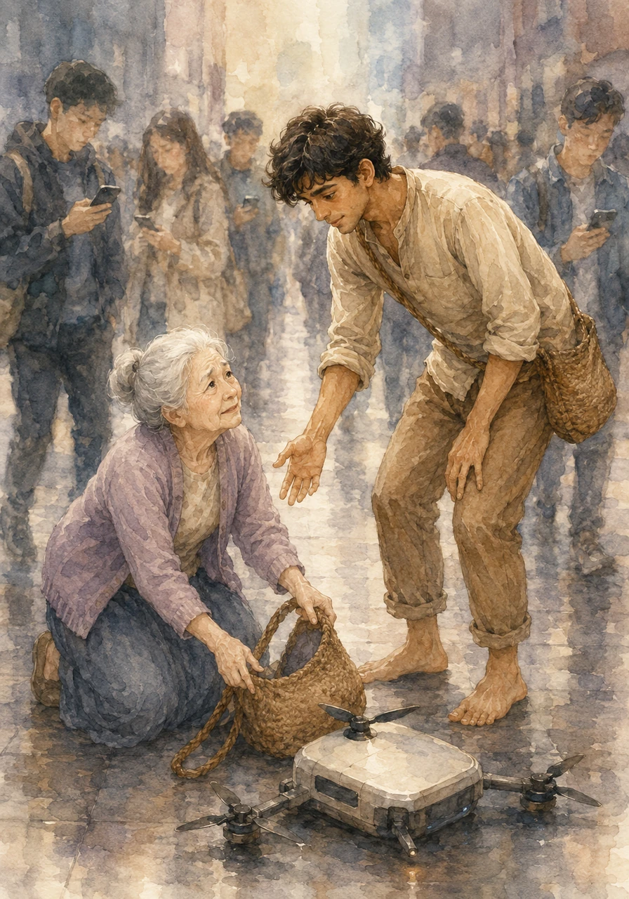 In a quiet corner of the bustling district, Kavi notices an elderly woman struggling with a heavy, malfunctioning delivery drone that has pinned her bag to the ground. Dozens of people hurry by, their eyes fixed on their glowing palms, completely oblivious to her silent struggle.