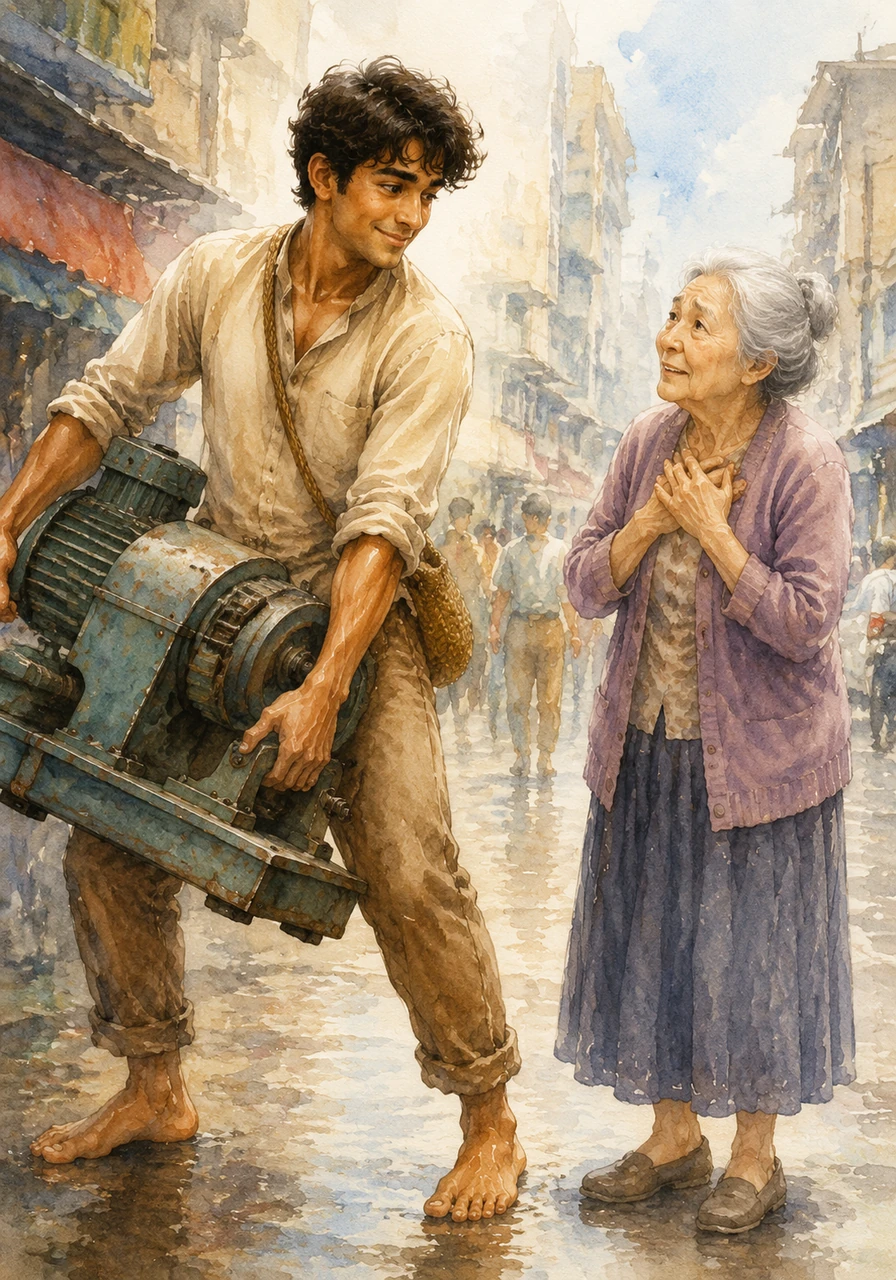 Without a second thought, Kavi rushes over and uses his strong, calloused hands to lift the heavy metal machine. He offers the woman a warm, genuine smile that seems to shine brighter and more naturally than any neon sign in the entire city.