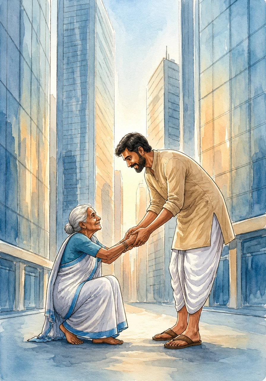 He helps the woman to her feet and shares a piece of sun-ripened fruit from his village, a simple gift of nature in a world of synthetic perfection. For a brief moment, the cold glass walls of the skyscrapers seem to reflect a flicker of genuine human warmth.