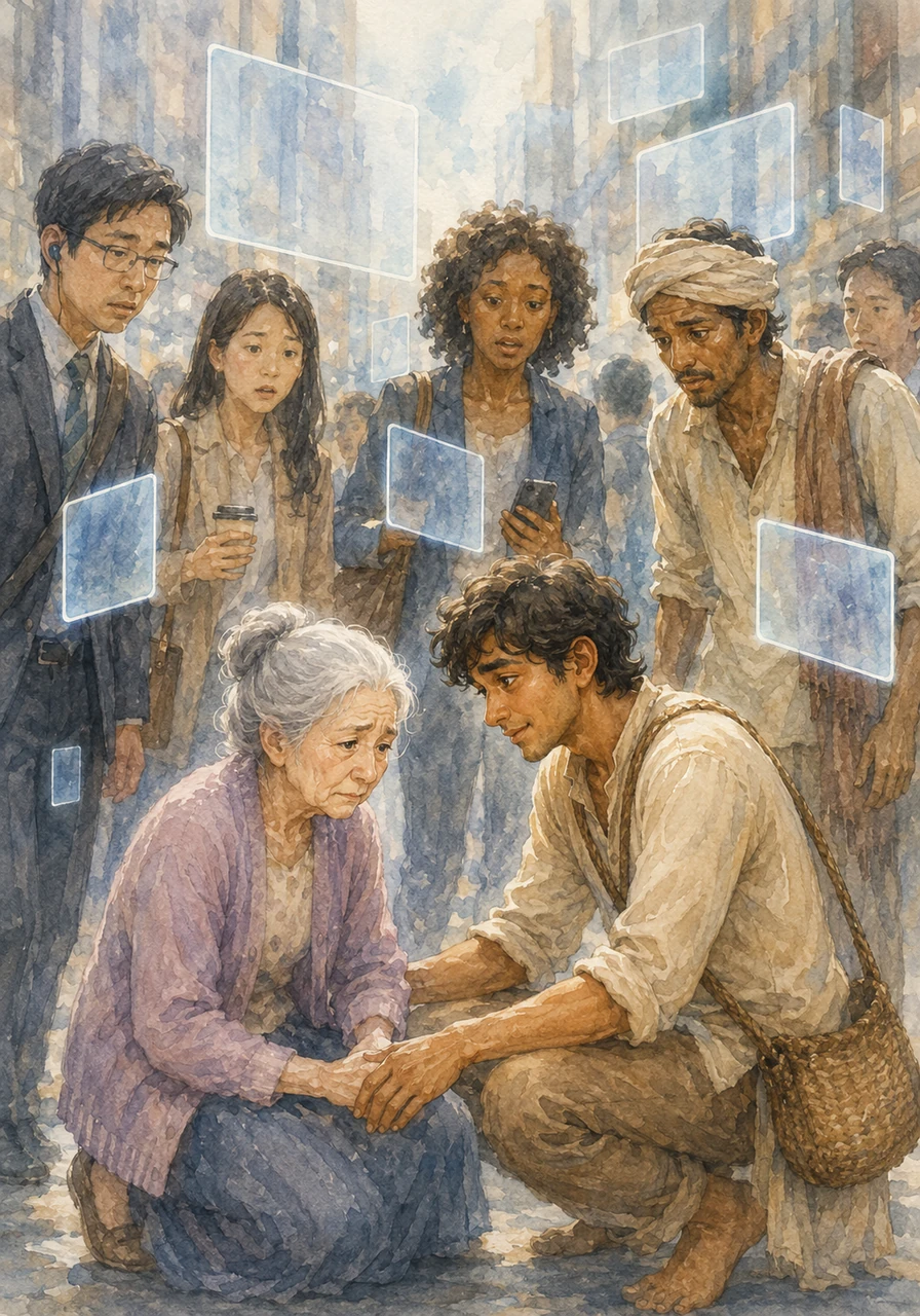 A few bystanders pause in their tracks, their holographic screens flickering as they witness this raw, unscripted moment of human connection. The invisible walls of technological indifference begin to crack as curiosity and empathy replace their robotic haste.
