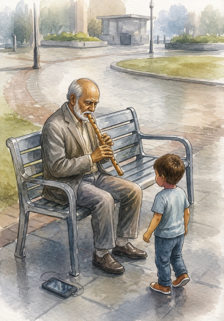 Kavi sits on a cold metal bench and begins to play a soft melody on his hand-carved wooden flute. A young child, fascinated by the organic sound, approaches him, leaving behind a digital game to listen to a song that feels older than the city itself.