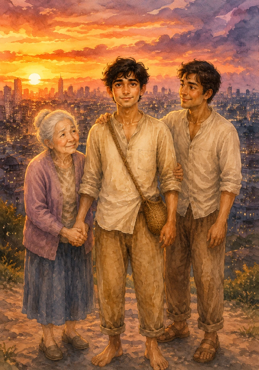 As the sun sets behind the jagged skyline, the city lights begin to twinkle with a new kind of energy that isn't just electricity. Kavi realizes that while technology builds the world, it is the simple spark of human kindness that truly makes it a home.