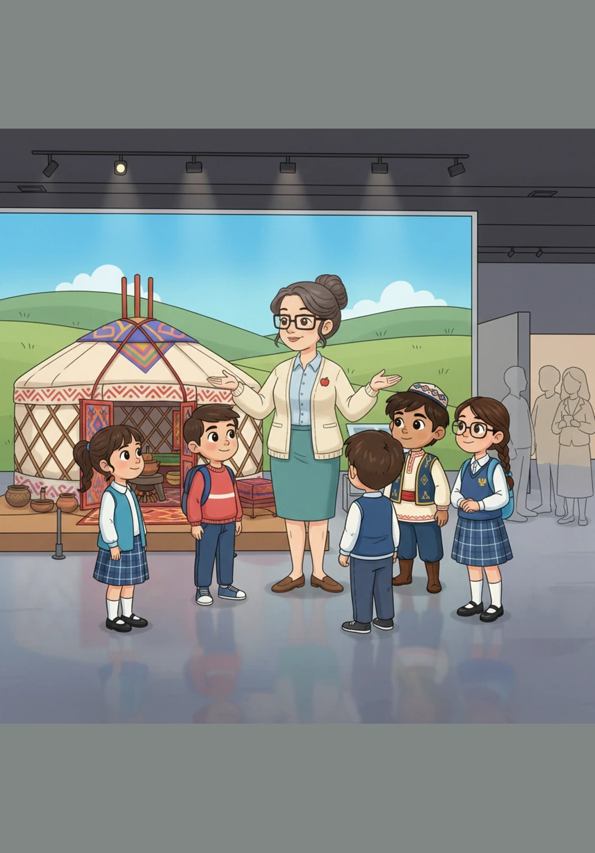 Музей ішінде апай балаларға: «Мұнда қатты сөйлемеңдер! Сыпайы болыңдар!» — деп ескертті. Оқушылар апайдың сөзін тыңдап, жәдігерлерді үнсіз тамашалап, бір-біріне кедергі жасамай, мәдениеттілік танытты.