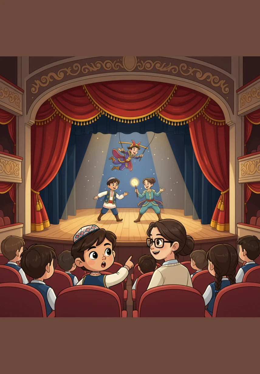 Саяхат әрі қарай қаланың ең көрікті театр ғимаратында жалғасты. Қызыл перде ашылып, сахнада ғажайып ертегі қойылымы басталды. Балалар өз орындарына жайғасып, актерлердің шеберлігін қызыға тамашалады.