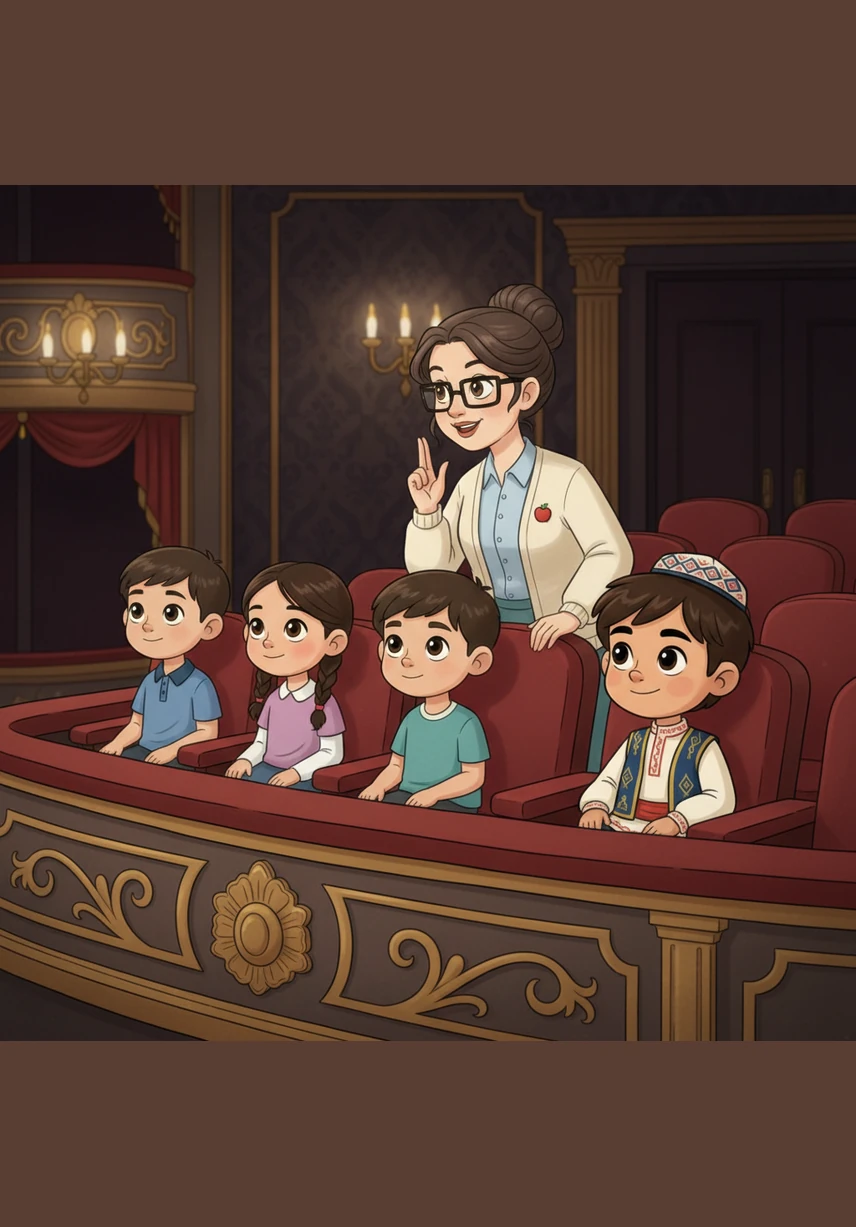 Театрда отырғанда Алмас пен оның достары ешкімге кедергі келтірмеді. Олар апайдың: «Қатты күлмеңдер, өнерді құрметтеңдер!» — деген ақылын есте сақтап, нағыз мәдениетті көрермендей тыныш отырды.