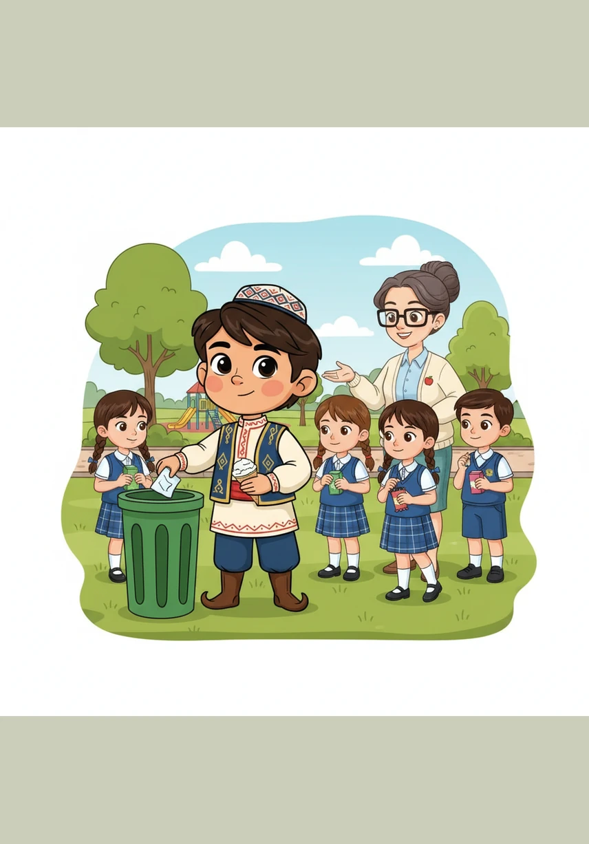 Саябақта демалғанда балалар тазалық сақтауды басты назарда ұстады. Алмас жеген балмұздағының қағазын жерге тастамай, арнайы қоқыс жәшігіне салды. «Қоқыс тастама!» деген ережені барлық оқушы қатаң сақтады.