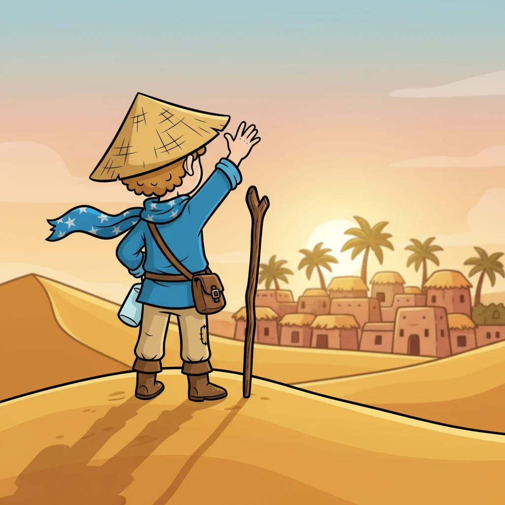 Zayn, a boy with a bright blue scarf, waved goodbye to his village. The sun beat down on the golden dunes as he set off, ready for adventure. His satchel held dates and water, but his heart held even greater treasures: curiosity and bravery.