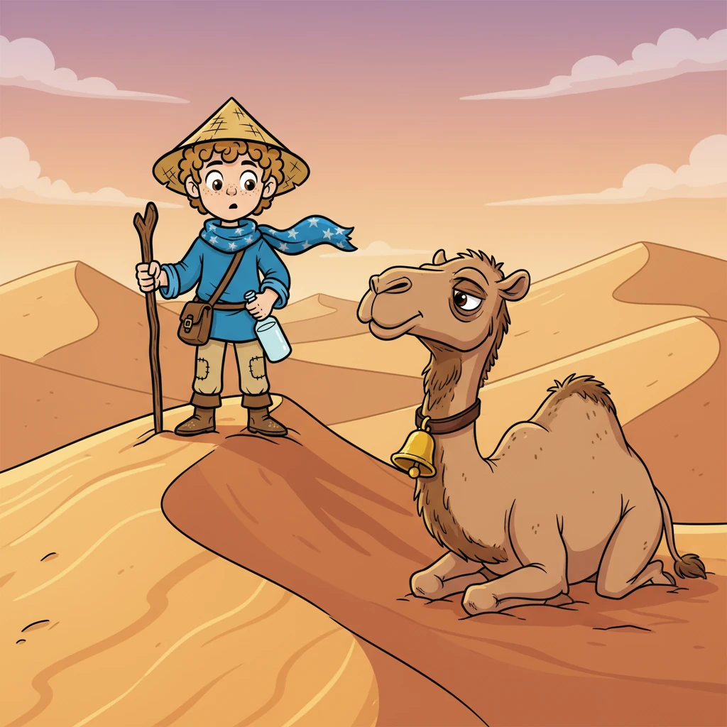 Hours later, Zayn heard a grumbling sound. He climbed a dune and saw a weary camel with a shiny bell. "Hello!" Zayn called. "Are you lost too?" The camel, Barak, replied in a deep voice, "I suppose I am."