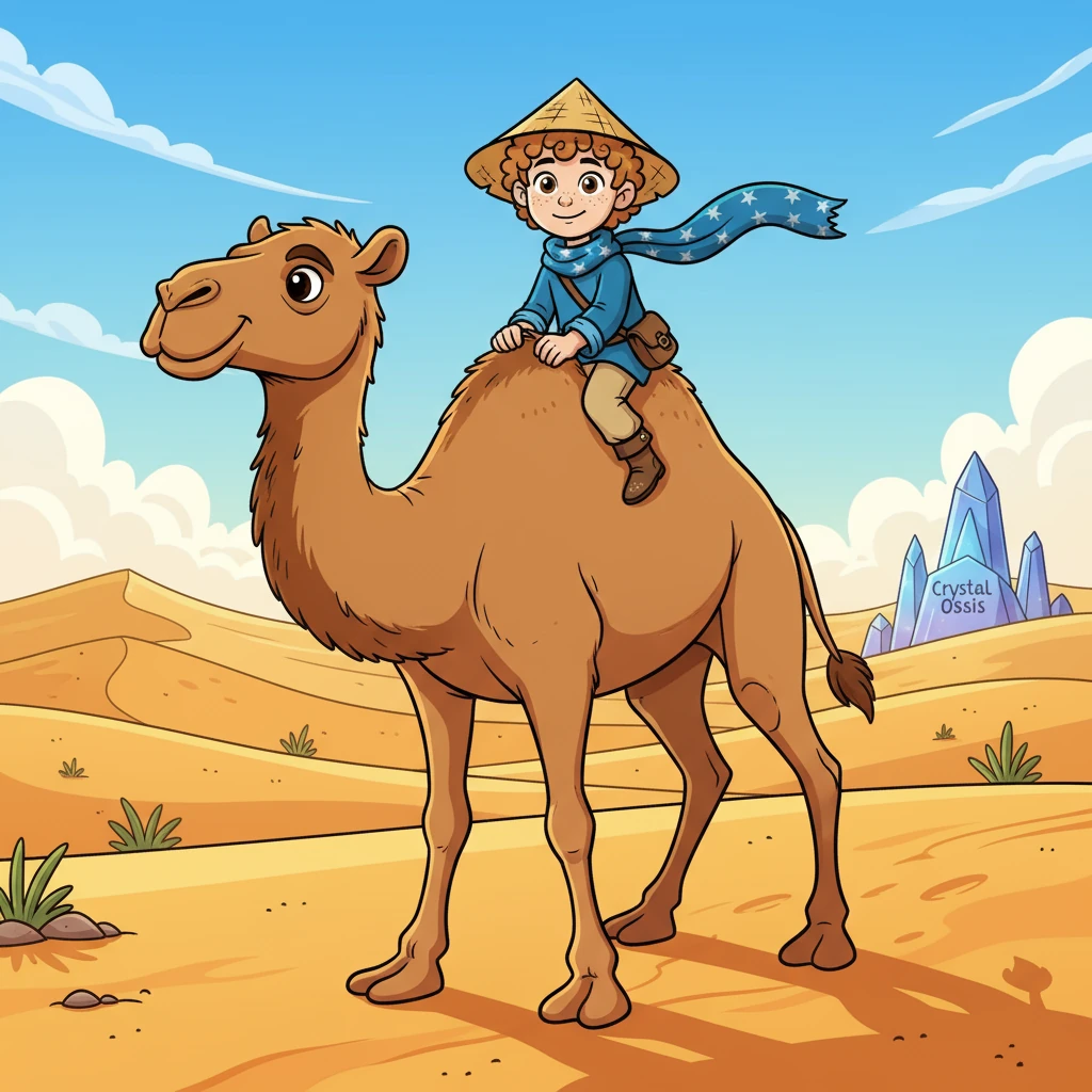 "Where are you headed?" Barak asked Zayn. "The Crystal Oasis!" Zayn replied excitedly. They set off together, Zayn riding on Barak's back, the wind playing with his blue scarf. The vast desert stretched before them, full of secrets.