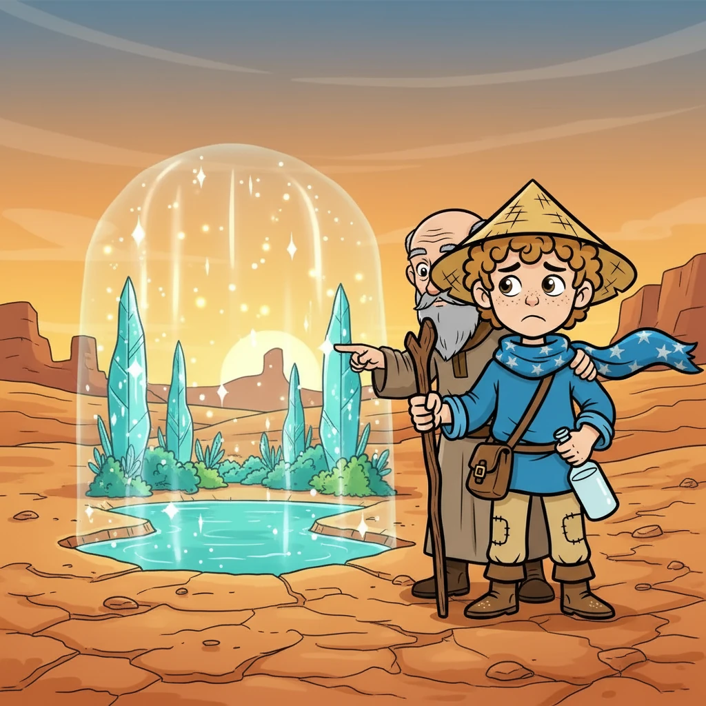 They spotted what looked like the Crystal Oasis, but it was just a mirage. Zayn felt disheartened. Barak wisely said, "True courage waits." Zayn smiled, determined to find the real oasis.