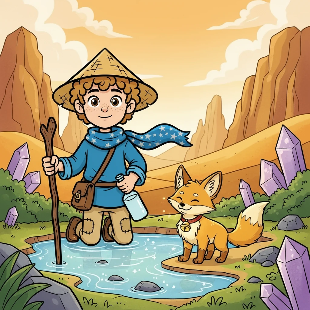 Finally, they found it: a valley filled with clear water and sparkling crystals. As they drank, Barak's bell glowed, and his fur turned golden. The desert rewarded them for their courage and kindness, gifting Zayn's scarf with silver stars.