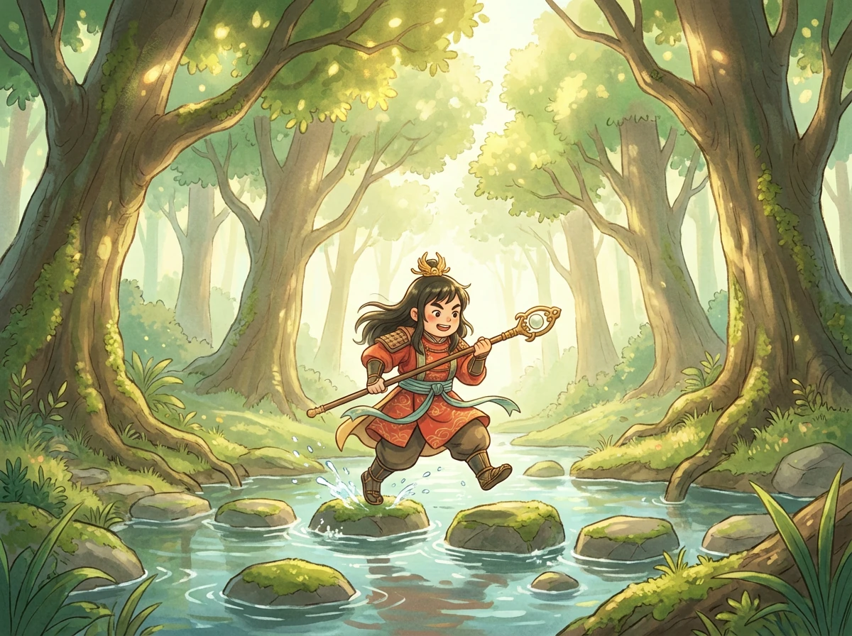 石头突然裂开,一只小石猴跳了出来,他就是孙悟立。他好奇地打量着这个世界,眼中充满了对未知的渴望。他快乐地在山间跳跃,与猴群嬉戏。