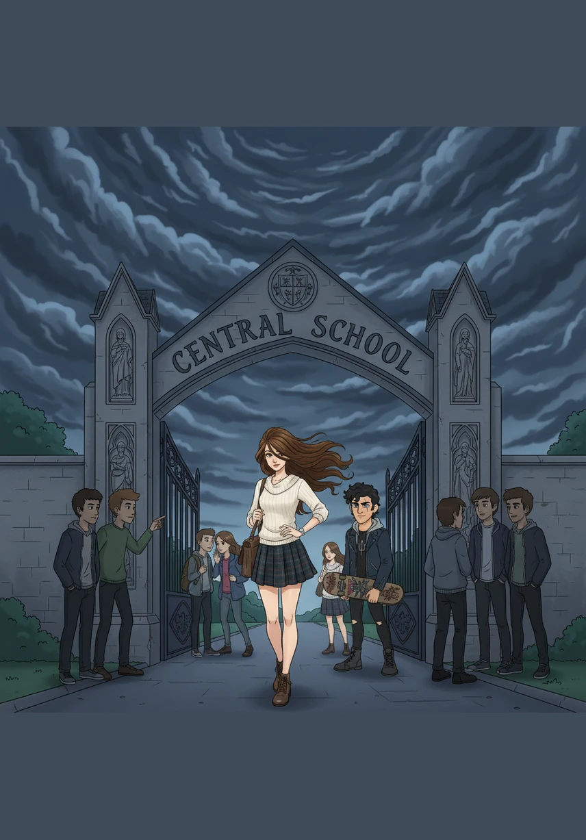 Dark clouds gather over the imposing architecture of Central School as Victoria walks through the gates for the first time. The wind whips her long black hair around her face while students whisper in the shadows about the mysterious new arrival.