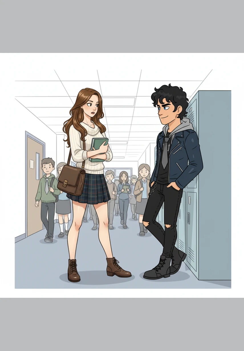 In the crowded hallway, Victoria accidentally bumps into Percy, who is leaning against the lockers with a rebellious smirk and a loose tie. The atmosphere thickens with tension as they lock eyes for the first time, neither willing to back down from the sudden confrontation.