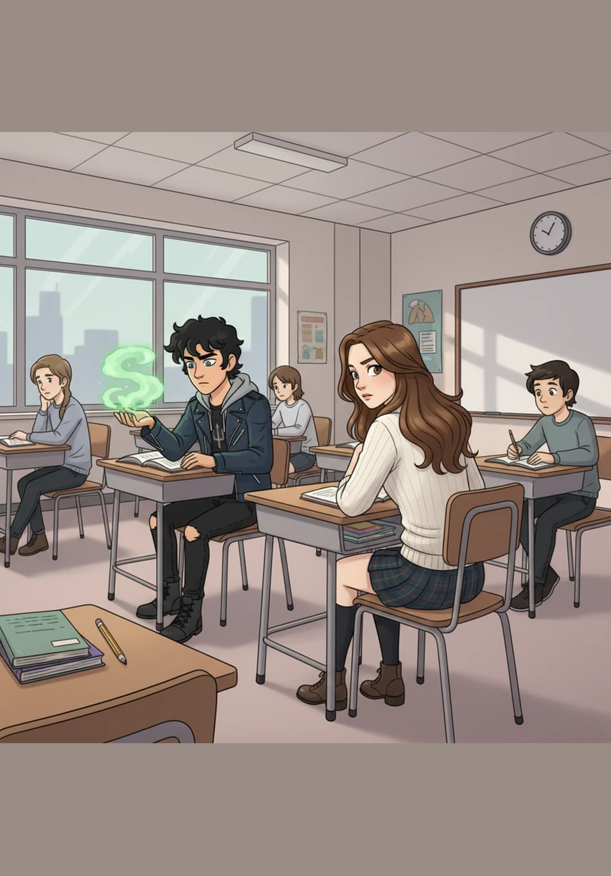 During a quiet moment in the classroom, Percy watches Victoria from the back row with a piercing and curious gaze. When he tries to tease her about being the brave new girl, she responds with a cold, intelligent retort that leaves him momentarily stunned.