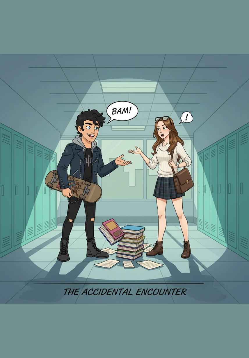 Percy suddenly appears beside Victoria in a deserted hallway, leaning close to her with a teasing, confident grin. Victoria meets his gaze with her signature calm and mysterious aura, making it clear that his usual schoolyard charms won't work on her.