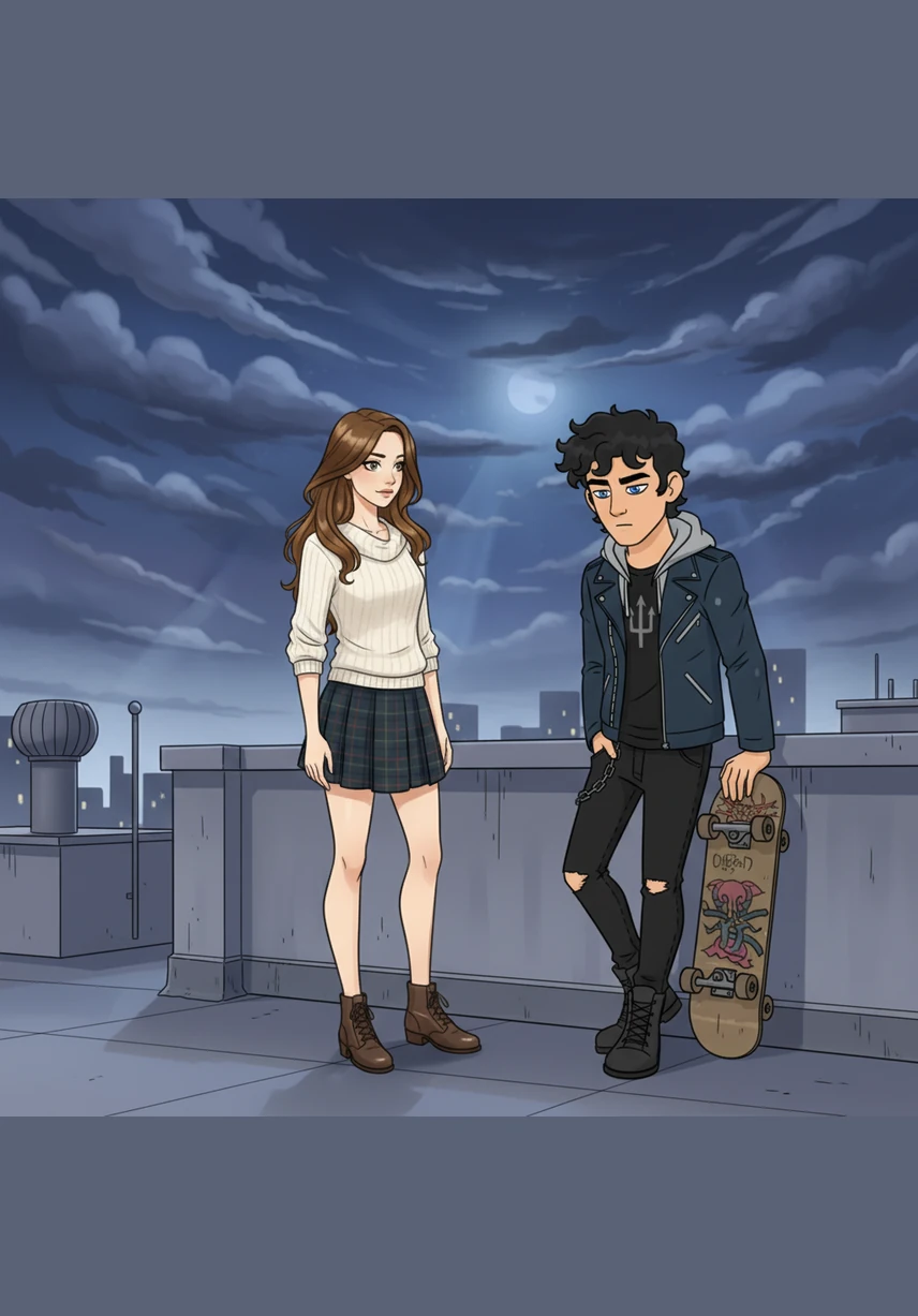 High on the school rooftop under a dramatic sky, the two share a private moment where Percy acknowledges his dark reputation. Victoria looks at him with her sharp, discerning eyes, realizing there is a complex soul hidden beneath his rough and rebellious exterior.